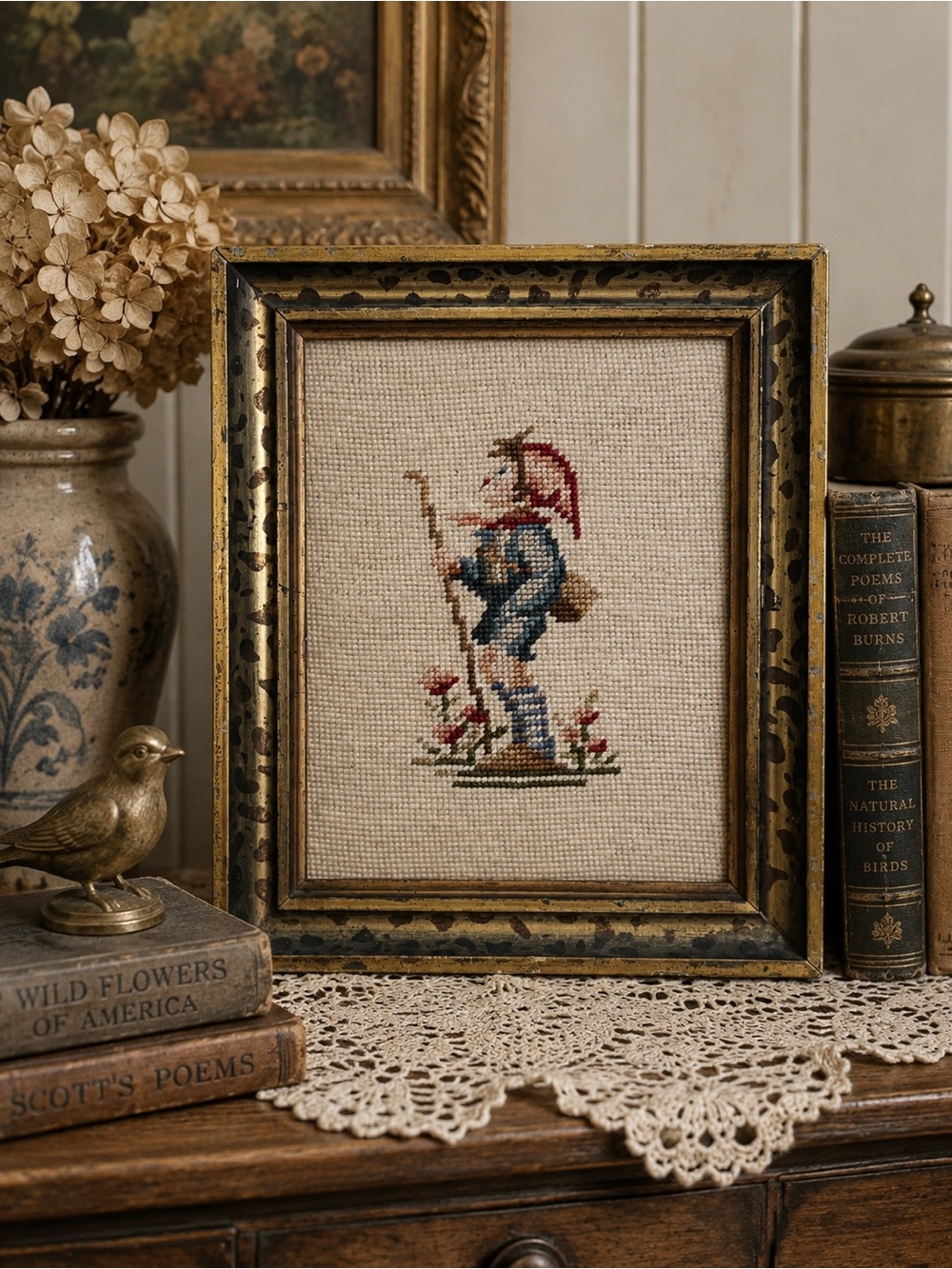 Vintage Framed Needlepoint Boy Hiker Traveler Gold Wood Frame Wall Art